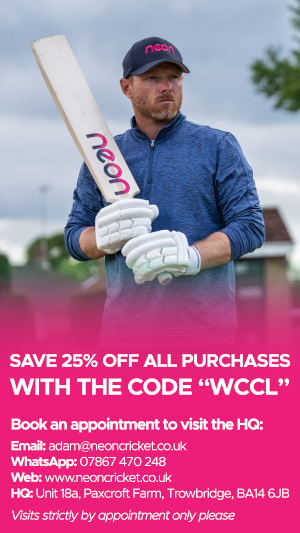Save 25% off all purchased with the code WCCL. Book an appointment to visit the HQ: 
							Email: adam@neoncricket.co.uk. WhatsApp: 07867 470248. 
							HQ: Unit 18a, Paxcroft Farm, Trowbridge, BA14 6JB. Visits strictly by appointment only please.